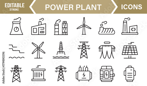 Minimal Outline Icons of Global Energy Sources Including Nuclear, Solar, Wind, and Hydro Power