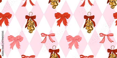 Vintage Christmas seamless pattern with red and pink bows, golden jingle bells and retro harlequin background, cozy festive flat vector illustration for holiday wrapping paper and textile design