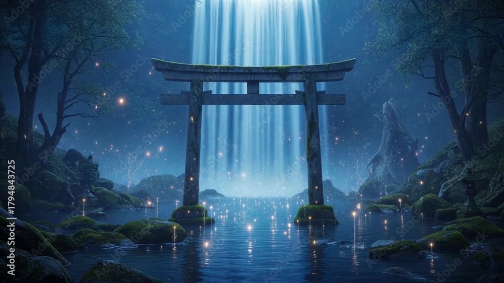 光の滝と蛍が舞う幻想的な水上鳥居:ループ