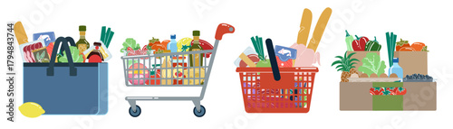 Shopping trolley with food. Supermarket basket filled with groceries, fresh vegetables, dairy and bread. Healthy organic products. Cooking market. Eco box and packet. Vector cartoon flat illustration