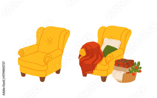 Christmas cozy armchair with blankets and pillows. Warm festive winter interior scene with basket of plaid throws and fir branches, comfy hygge holiday home decor illustration.