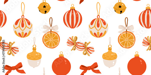 Vintage Christmas ornaments seamless patterns set, cozy retro holiday baubles, stockings, bows, bells, candy and star decorations in flat vector illustration for wrapping paper, textile and stationery