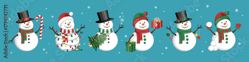 Set of cute Christmas snowmans celebrating holidays. Vector illustration