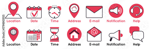 Location icons. Date and calendar symbols. Time clock. Navigation map pin. Address elements. Business schedule design. Sign for UI. Notification megaphone. Logo flat set. Email letter. Vector emblems