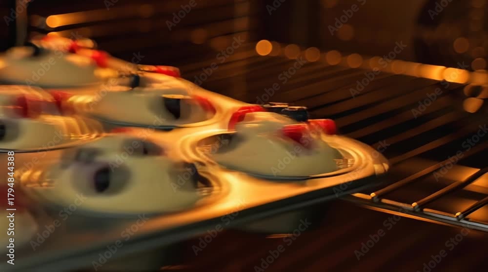 Baking delicious berry muffins in a warm home oven for a delightful treat.