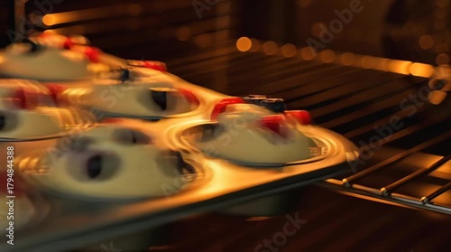 Baking delicious berry muffins in a warm home oven for a delightful treat.