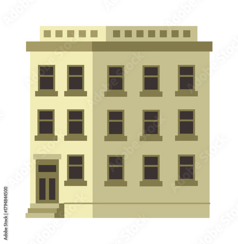 City building. Home exterior. Real estate. Multistory house. Door porch. Residential construction with windows. Urban neighborhood. Downtown architecture front view. Vector cityscape isolated element