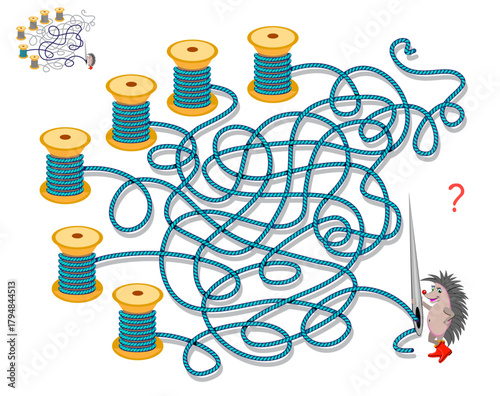 Logic puzzle game for smartest. Help the hedgehog to find a spool with a thread that leads to a needle. Brain teaser book with maze. Educational page. Kids activity sheet. Flat vector illustration.