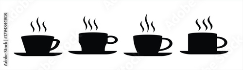 Coffee mug vector icons and tea cup silhouette set. Hot drink symbols with steam, heart, and teabag. Cafe and coffee shop branding elements for logo or web design. Vector illustration.