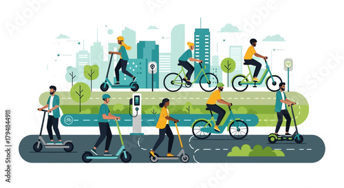 UntActive city people using e-scooters, e-bikes, and hoverboard