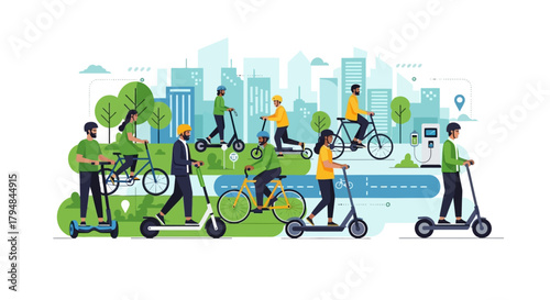 UntActive city people using e-scooters, e-bikes, and hoverboard
