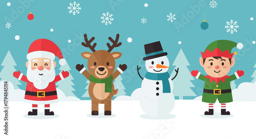 Cute Christmas characters Santa Claus, reindeer, snowman, and elf in flat cartoon vector style