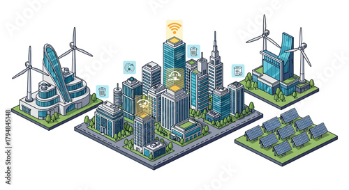 Modern city skyline with smart technology, renewable energy, IoT, and transportation systems, flat isometric desig