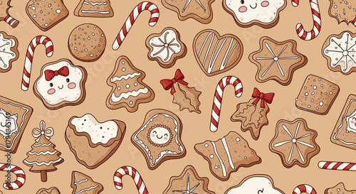 Cute hand-drawn Christmas cookies and candy canes pattern, vector seamless background 