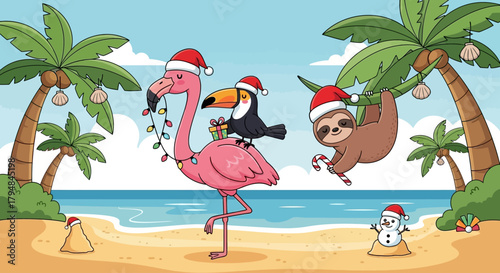 Cute tropical animals celebrating Christmas flamingo, toucan, and sloth with Santa hats