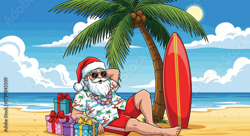Tropical Christmas on the beach Santa Claus wearing sunglasses, relaxing under a palm tree with gifts and surfboard,