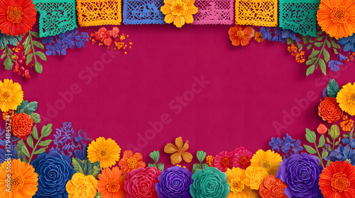 Monday, 10 November 2025 at 17:08
Mexican fiesta invitation border with vibrant papel picado and flowers.