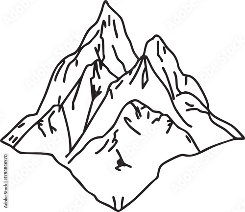Minimalist outline drawing of a majestic mountain range with multiple peaks, symbolizing nature's grandeur and adventure.