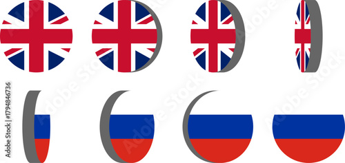 3D Style 8-Frame Sprite Sheet of Rotating Round Circular United Kingdom and Russia Flags for English and Russian Language Selection 2D Animation in Game and App Interface. Vector Image.