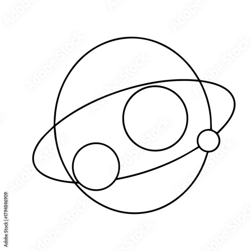 Abstract minimalist line art illustration depicting a celestial body with an orbiting ring and two accompanying moons, symbolizing cosmic harmony and exploration in a simple, graphic design