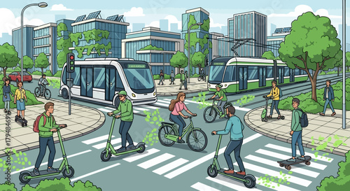 People using green transport for daily commute, zero-emission mobility, modern city lifestyle