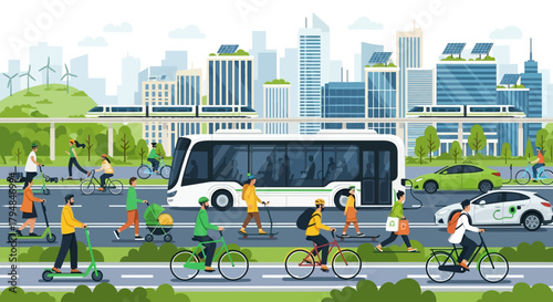 People using green transport for daily commute, zero-emission mobility, modern city lifestyle