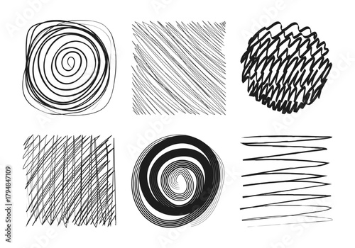 Pencil sketch texture. Hand drawn circles and square samples. Lines and spiral scribble elements. Freehand shapes, pen drawing, graphite pattern. Vector isolated illustration monochrome doodle set
