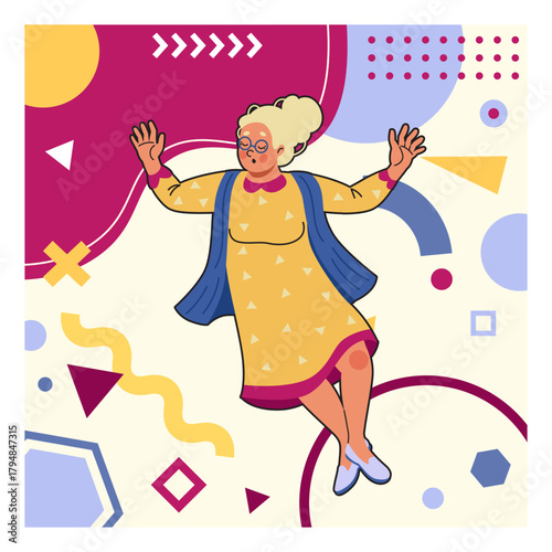 Senior woman. Old person portrait. Happy dancing female. Abstract color geometric shapes. Memphis circles. Retired dancer fun. Excited grandmother. Dynamic pose. Trendy creative granny vector banner