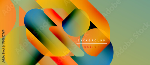 Abstract colorful shapes overlap, creating dynamic visual effect. Gradient hues blend, forming modern background design. Text reads background design.