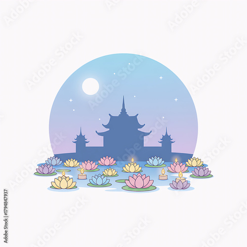 Wallpaper Mural Beautiful Lotus Lantern Festival Illustration Tranquil Night Scene with Calm Water and Floating Lights Torontodigital.ca