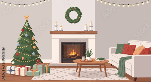 Warm cozy Christmas interior with fireplace, Christmas tree, gifts, and lights
