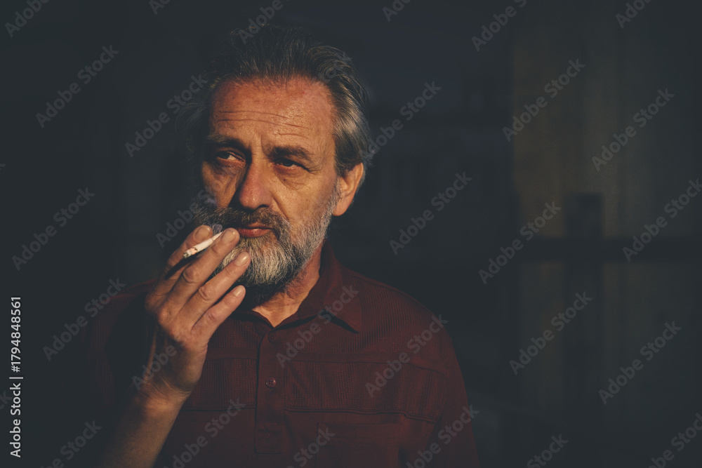 Fototapeta premium Older man in red shirt waiting for something and smoking on night city location