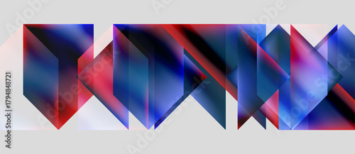 Abstract geometric shapes blend vibrant blues, reds, whites. Composition evokes dynamic movement, modern aesthetic.