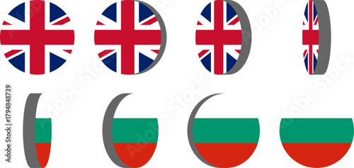 3D Style 8-Frame Sprite Sheet of Rotating Round Circular United Kingdom and Bulgaria Flags for English and Bulgarian Language Selection 2D Animation in Game and App Interface. Vector Image.