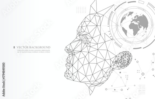 white background artificial intelligence technology.human polygon face concept.global communication data.