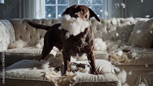 A playful brown dog makes a mess on a couch with stuffing flying everywhere