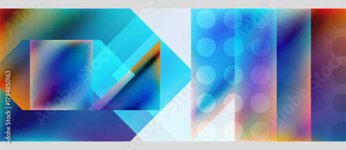 Abstract composition. Geometric shapes overlap, creating vibrant color gradients. Blue dominates, with hints orange, purple. Modern design.