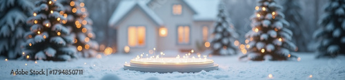 Cozy winter scene showcases a snow-covered house nestled among illuminated Christmas trees, perfect for holiday promotions.