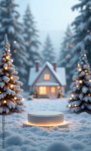 Cozy winter scene showcases a product pedestal nestled amongst snow-covered trees and a charming cottage, evoking festive warmth and holiday cheer.