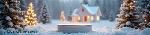 A snow-covered winter scene features a pedestal display surrounded by illuminated Christmas trees and a cozy cottage, evoking a festive holiday atmosphere.