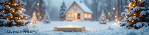 Cozy winter scene featuring a snow-covered cottage, twinkling Christmas trees, and a warm candle glow amidst a snowy landscape.