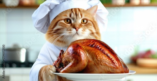 red-haired cat in a chef's hat holds a turkey in the kitchen. thanksgiving day