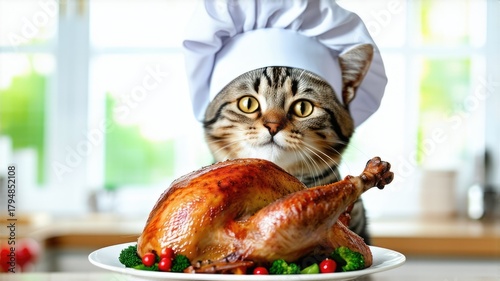 grey tabby cat in a chef's hat holds a turkey in the kitchen. thanksgiving day