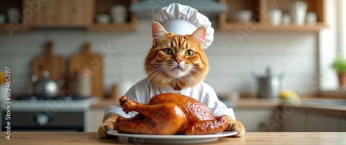 red-haired tabby cat in a chef's hat holds a turkey in the kitchen. thanksgiving day