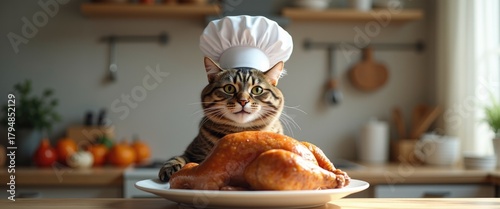 grey tabby cat in a chef's hat holds a turkey in the kitchen. Thanksgiving dinner