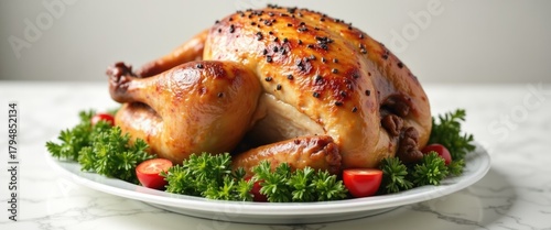 roast juicy large turkey on a white plate. close-up. thanksgiving day