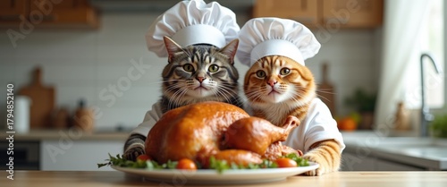 family of grey and ginger cats in a chef's hat holds a turkey in the kitchen. Thanksgiving dinner