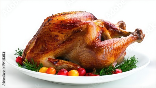 roast juicy large turkey on a white plate on a white background. thanksgiving day