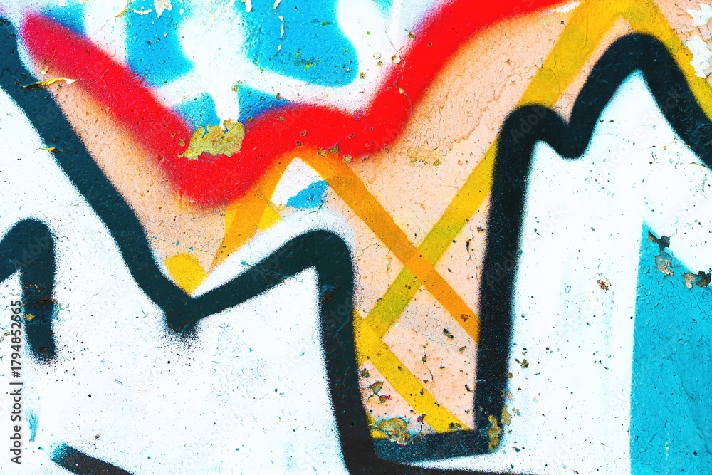 Obraz premium Vibrant abstract graffiti with bold black lines, bright red, blue, yellow. Urban 90s style, colorful, dynamic. Modern street art, creative backgrounds, digital design, urban visuals.