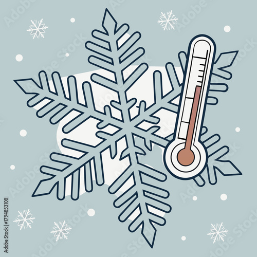 Thermometer with snowflake on a light blue background, indicating cold temperature